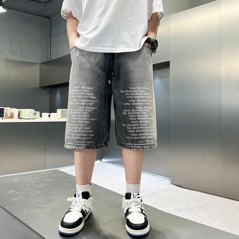 New Summer Style Boys' Gradient Denim Shorts Teen Childen Digital Printed Denim Pants Trendy Boys Casual Knee-Length Shorts