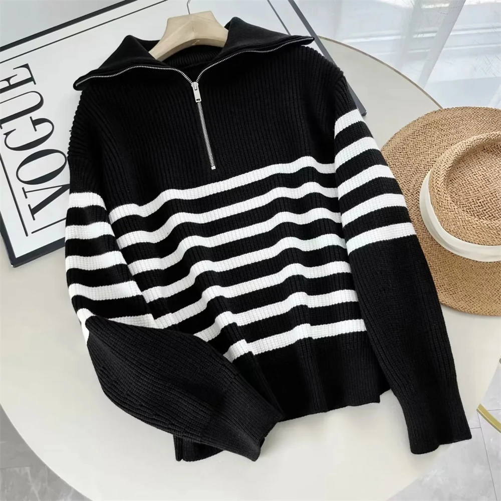 Cos Lris loose collar knitted sweater 2024 autumn striped casual temperament pullover sweater for women 1099812009