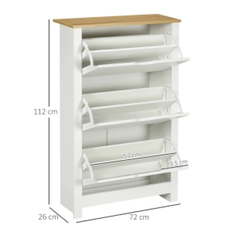 Schuhschrank Schuhkipper Schuhregal mit 3 Klapptüren für 18 Paar Schuhe, platzsparend, in Weiß und Natur, 72 x 26 x 112 cm, für Flur & Eingangsbereich
