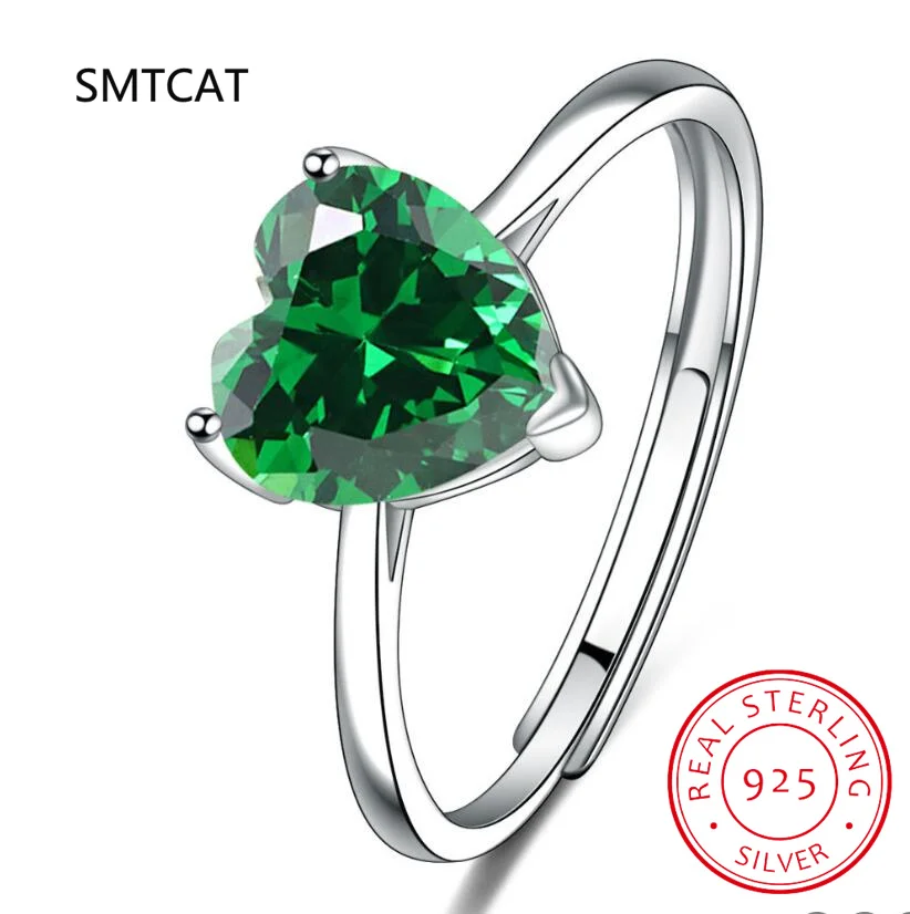 Simulated Nano Emerald 925 Sterling Silver Heart Ring Adjustable for Woman Green Gemstone Fine Jewelry Wedding Gift