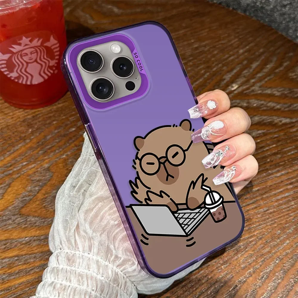 Cute Animal Working Capybara Electroplate Silver IMD Case for IPhone 11 12 13 14 15 16 Pro Max X XS XR 8 Plus Phone Cover Fundas