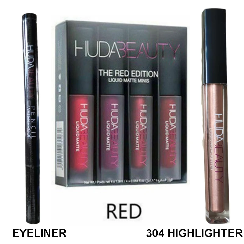 4-color الوجه السائل تمييز أحمر الشفاه كحل مجموعة HUDA عصا لامع تألق Maquillaje عينيه تألق ماكياج مستحضرات التجميل