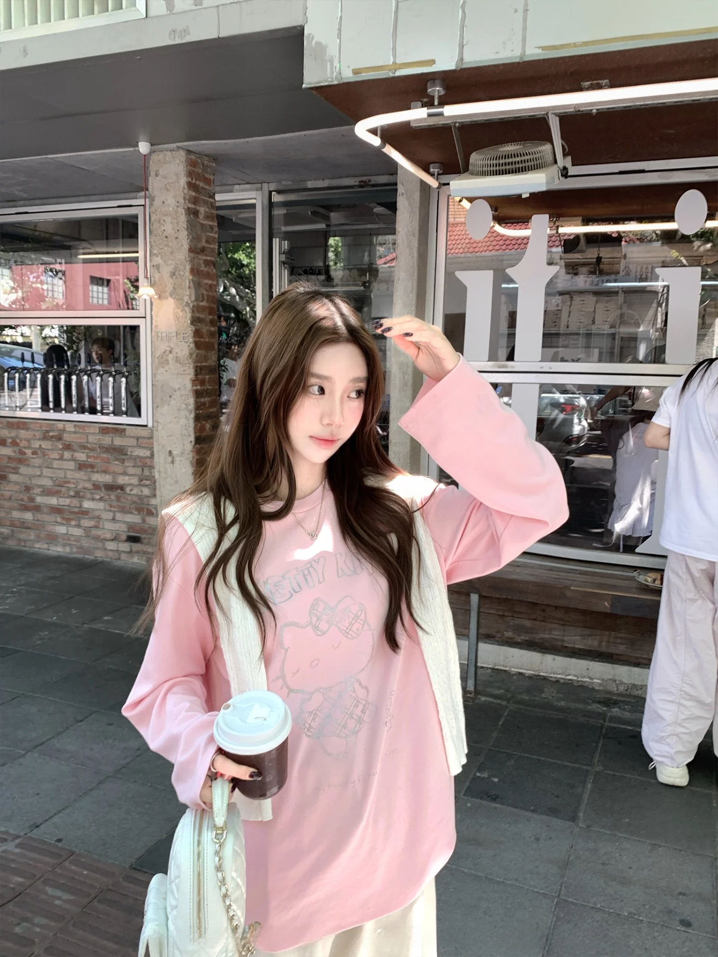 

Cotton Long Sve Printed T-irt Korean Sle Sweet Gentle Loose Fit Dopane Kit Print Top for Girls Daily Wear