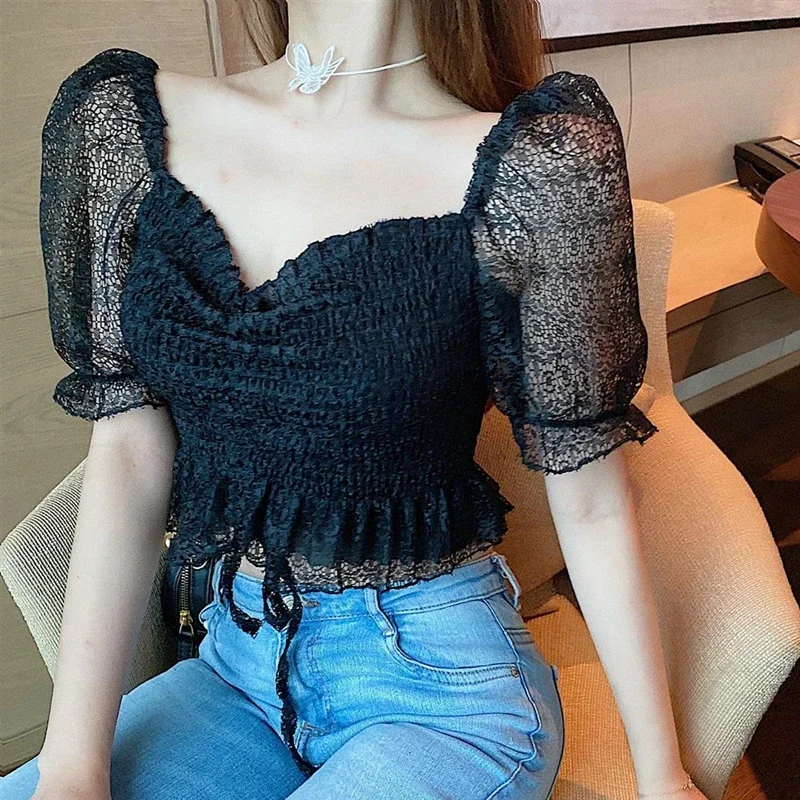 Summer Puff Sleeve Corset Top Blouse Women 2024 Fashion Casual Lace White Black Crop Top Korean Sexy Short Pink Blusas Mujer XL