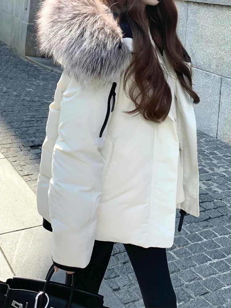 Winter White Elegant Warm Coat for Women Solid Zipper Casual Hooded Jacket Female Korean Style Simple Vintage Parkas 2023 New