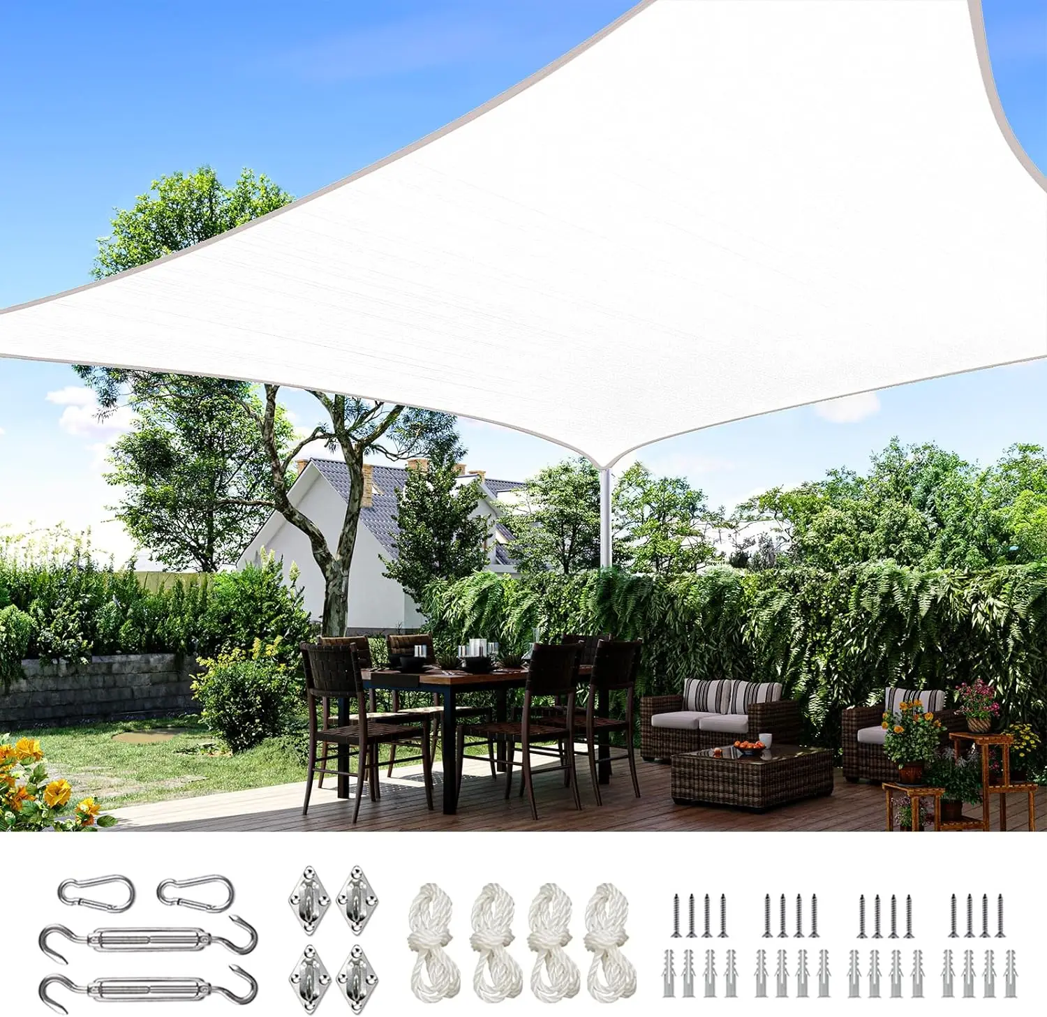 

24X24FT 185G HDPE Square sunshade Canopy 98% UV block Outdoor patio garden, Hardware kit (white)