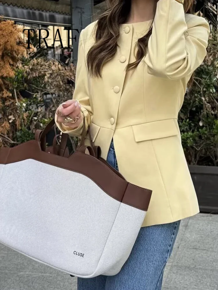 

TRAF European and American style summer new women's casual temperament simple fashion round neck long sleeve front button jacket