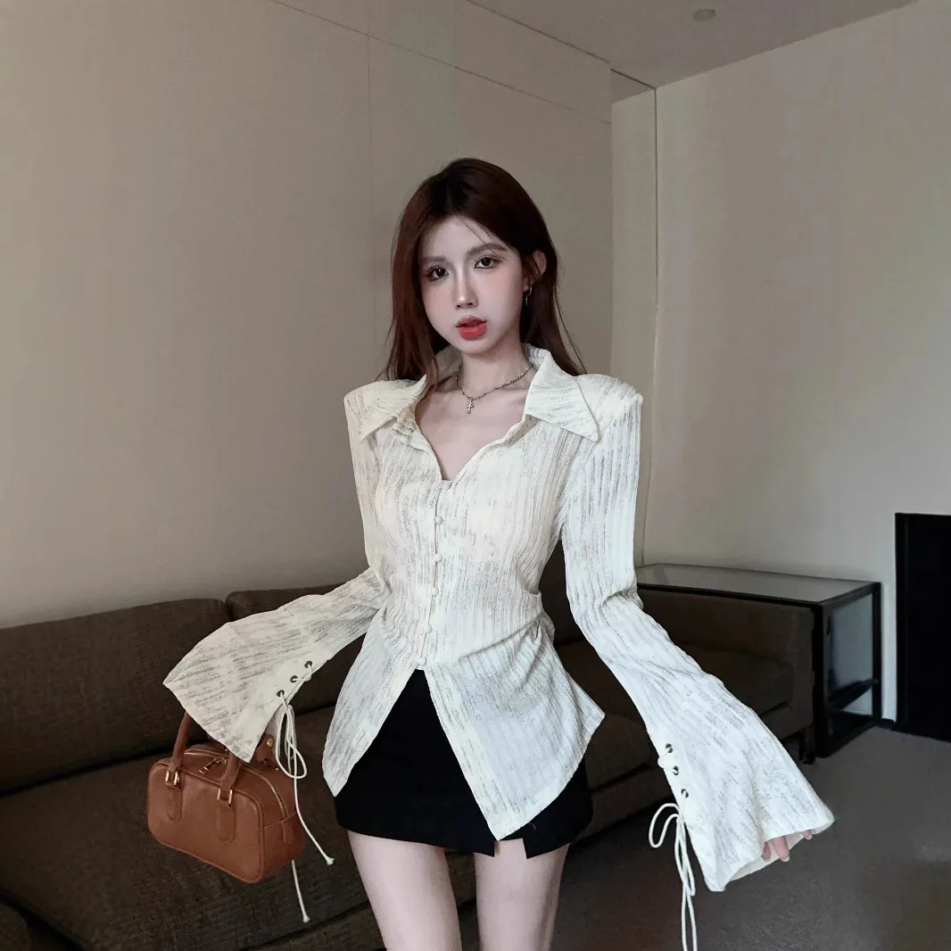 2026 Spring Autumn New American Tie dye V neck Shirts for Women Stylish Belt Flare Sleeve Waist Slim Blouses Pure Fashion Tops