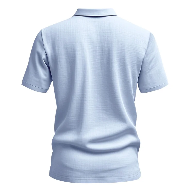 Hochwertiges Leinen-Poloshirt mit kurzen Ärmeln für Herren, lässig, locker, bequem, Sommer-T-Shirt mit Knopfverschluss und Umlegekragen. – Detail 24