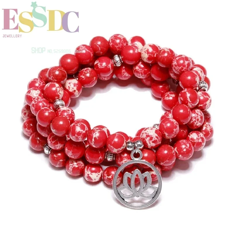 Drop Shipping New Arrival 8mm 108 Natural Red Emperor Stone Beads Bracelet or Necklace Yoga Lotus Pendant Women Summer Jewelry