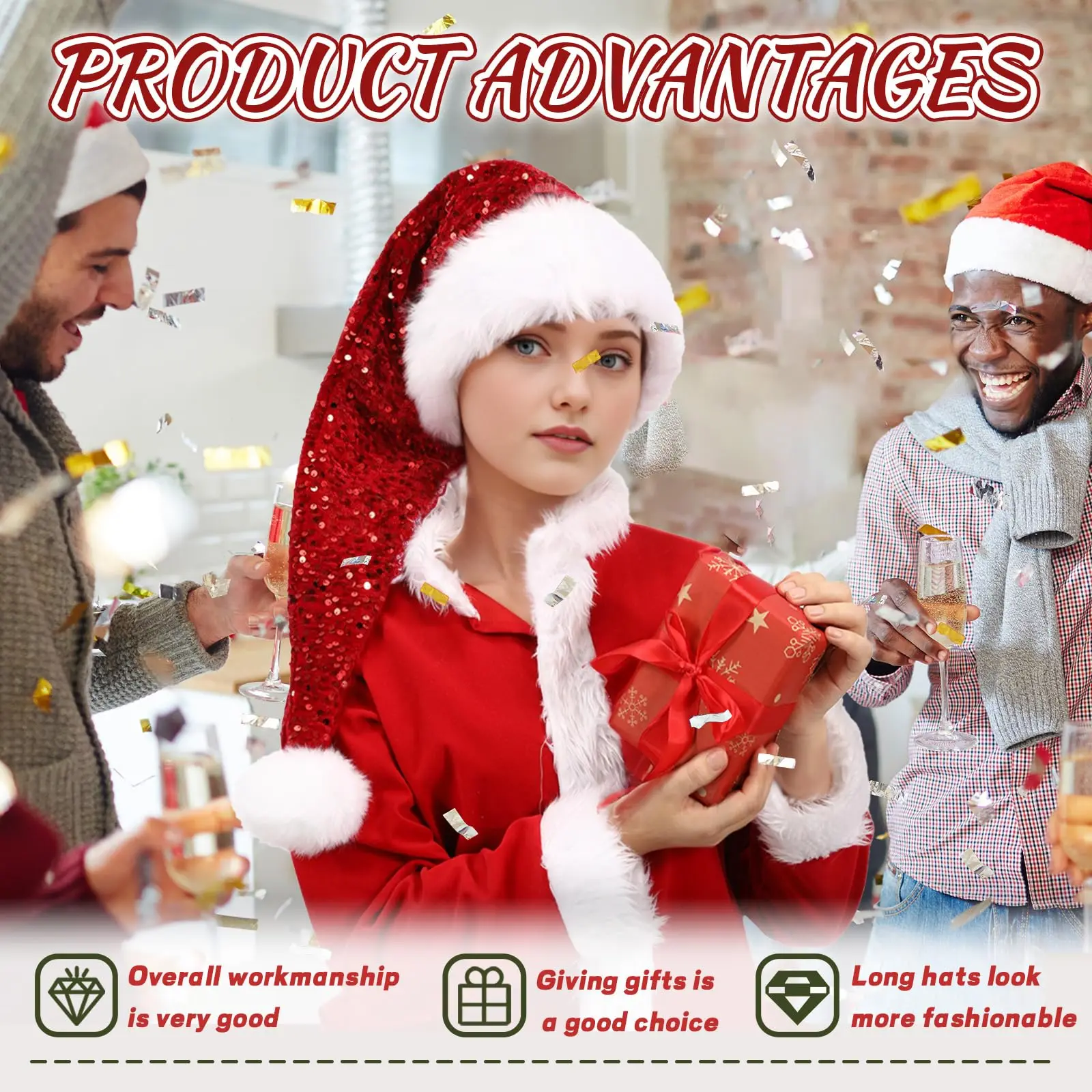 Lange Weihnachtsmannmütze mit Handschuhen, extra Pailletten, Weihnachtsmannmütze mit langem Schwanz für Erwachsene und Frauen, ausgefallene Weihnachtsparty-Requisiten