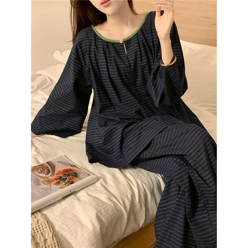 Striped Sleepwear Women Pajama Sets Korean Piiama Autumn Night Wears Long Sleeve Home Suit Tie O-neck Casual Sets 2 Pieces New