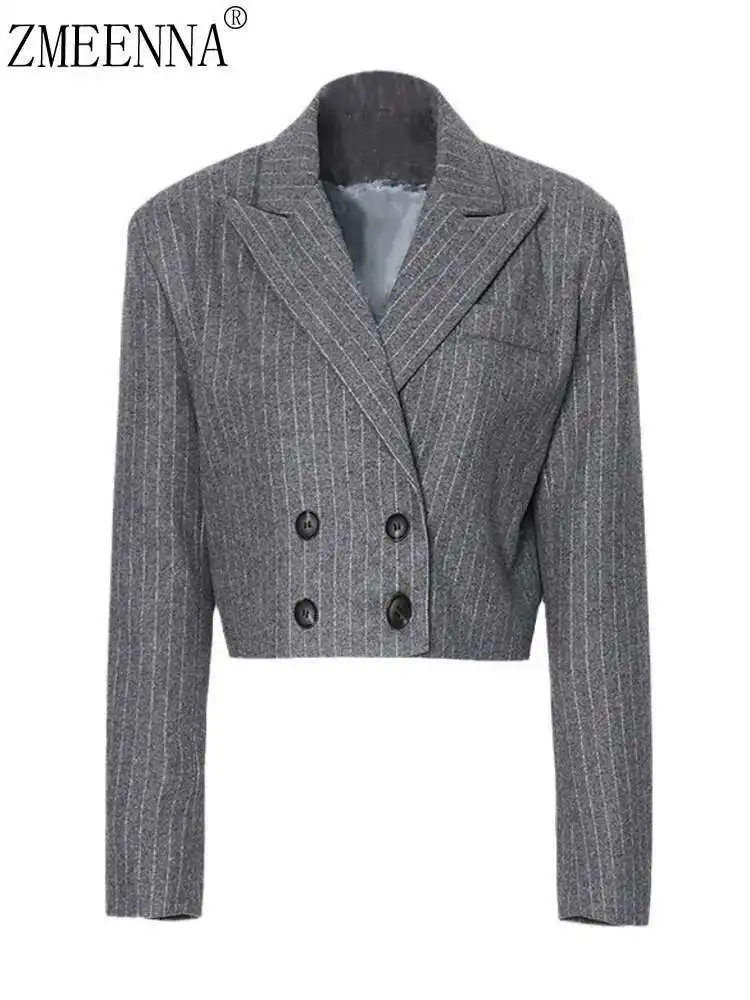 

ZMEENNA Stripe Notched Collar Long Sleeve Double Breasted Short Balzer For Women 2024 Spring Fashion Female New Coats ZM105