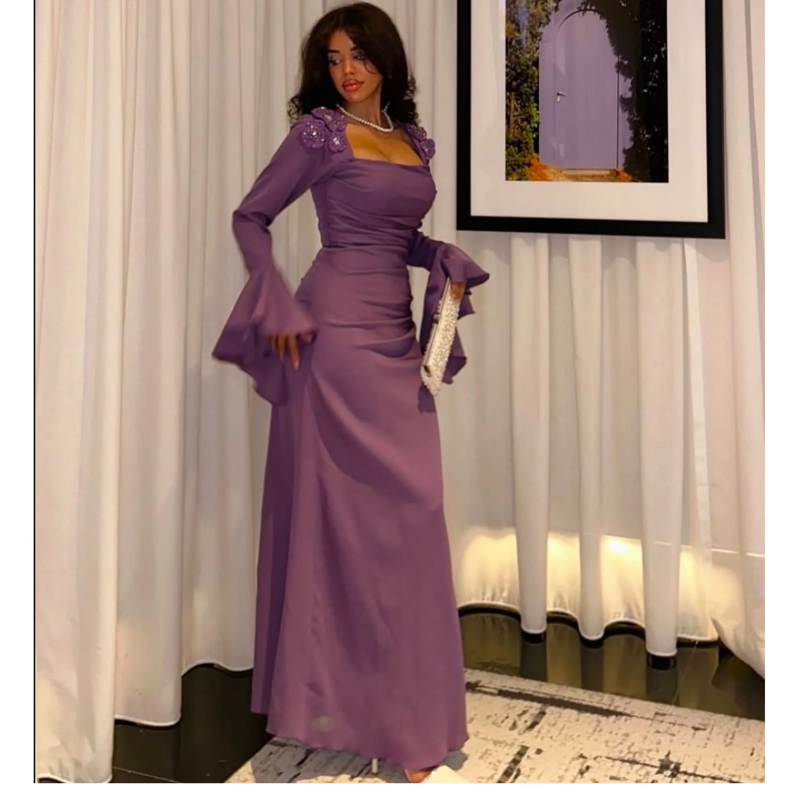 

Elegant Purple Prom Dress for Women Collar Mermaid Vestidos de Gala with 3D Floral Appliqued Formal Evening Gowns Customized