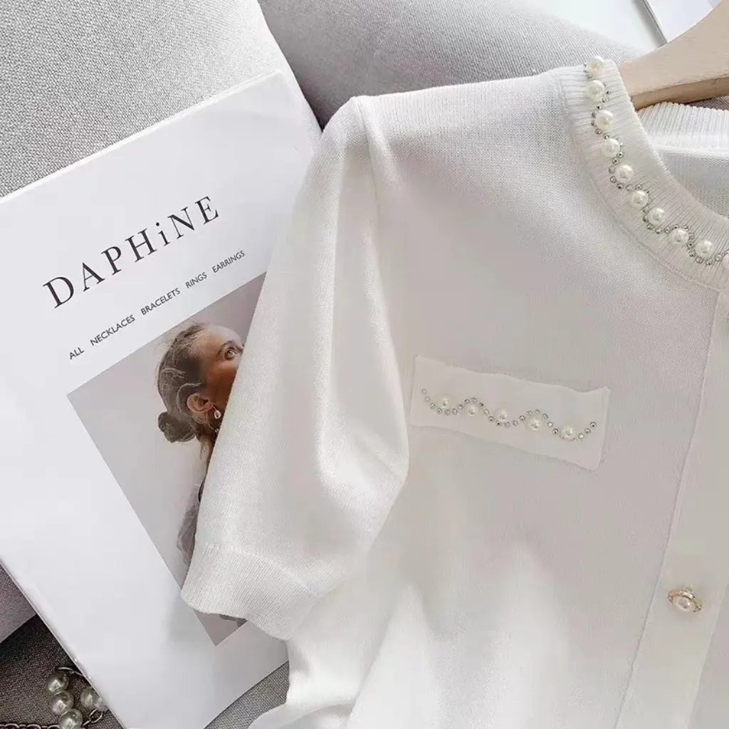 

Western Air White Sweater for Women Summer Korean Style Nail Bead Collar Pullover Loose Short-Sleeved Top