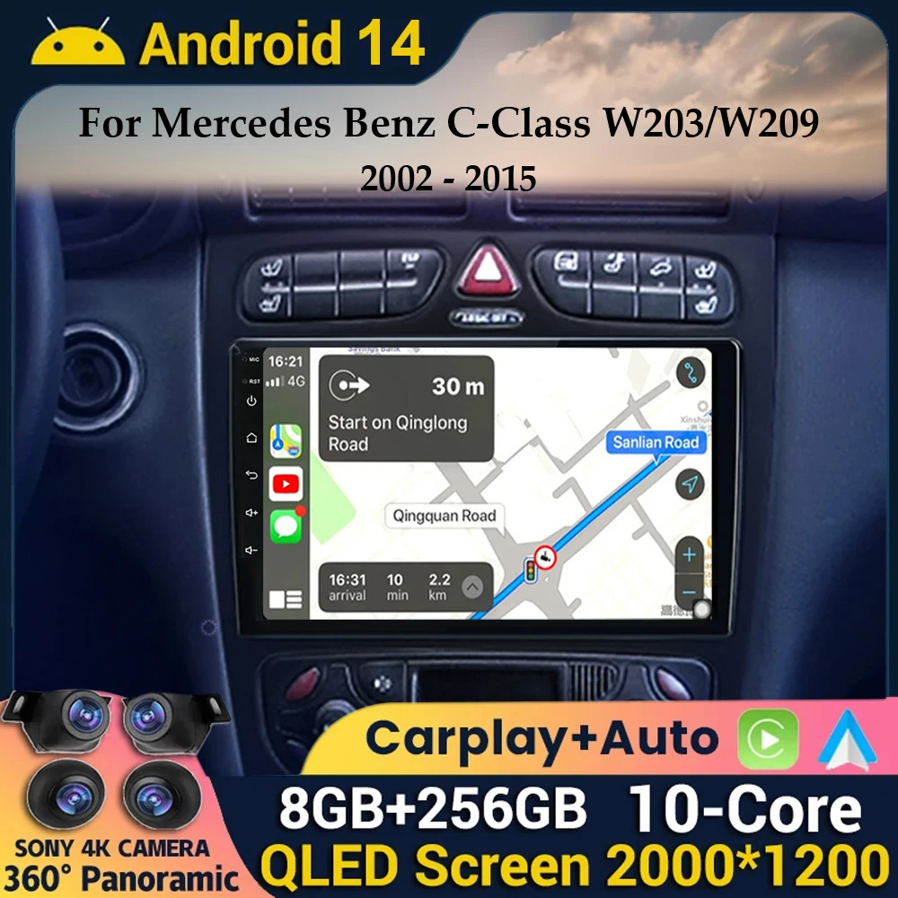 Android 14 Carplay Auto WIFI+4G For Mercedes Benz C-Class W209 C200 C320 C350 CLK W203 Car Radio Multimedia Player Stereo GPS BT