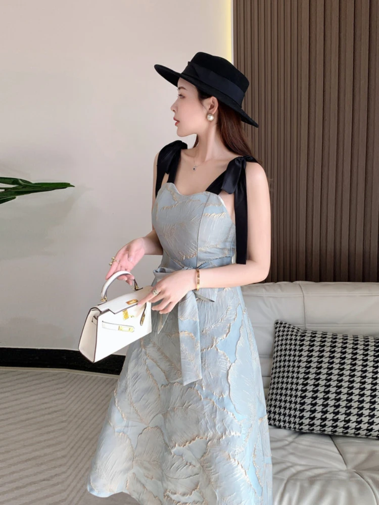 

Women Elegant Sexy High Waist Slim A-line Midi Dresses Summer Strap Seaside Vacation Party Dress Vestidos