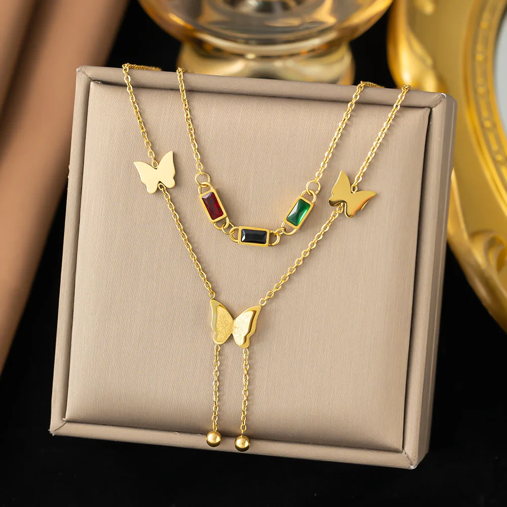 316L Stainless Steel New Fashion Fine Jewelry Set Colorful Zircon Butterfly Charm Chain Necklaces Bracelets Earrings For Women