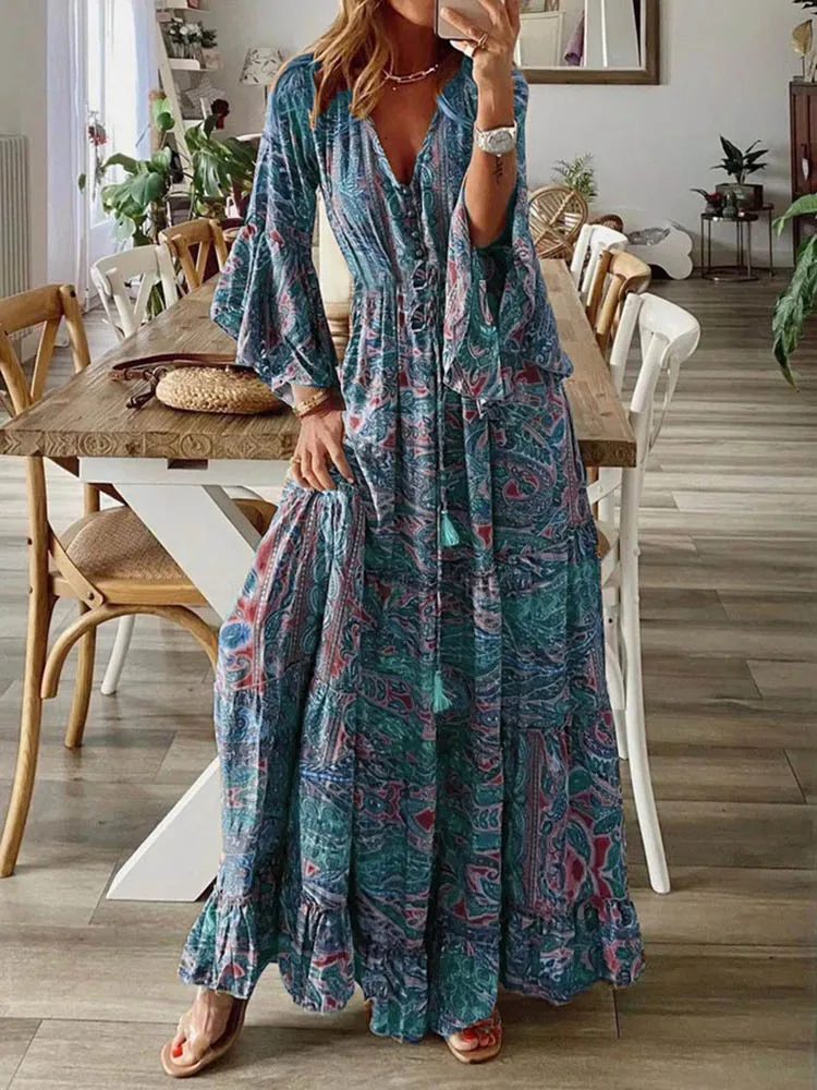 Women Bohemian Beach Maxi Dress Spring Summer Casual V-Neck Long Sleeve Dresses Female Vintage Floral Print Long Dress Vestidos