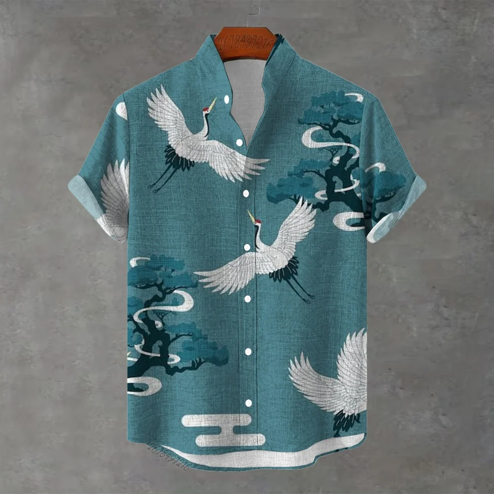 Summer Men's National Style Crane Print Short-Sleeved Shirt Retro Stand-Up Collar Thin Beach Hawaiian Shirt Casual Top