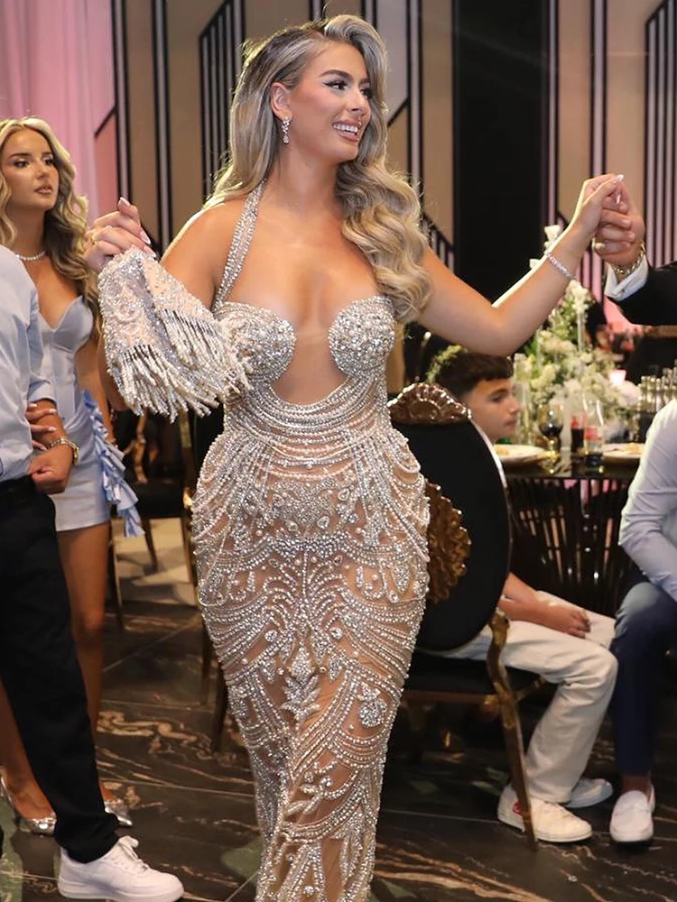 VC Opulent Crystal Beaded Sheer Mesh Halter Backless Mermaid Dress for Fashion Galas Evening Gown