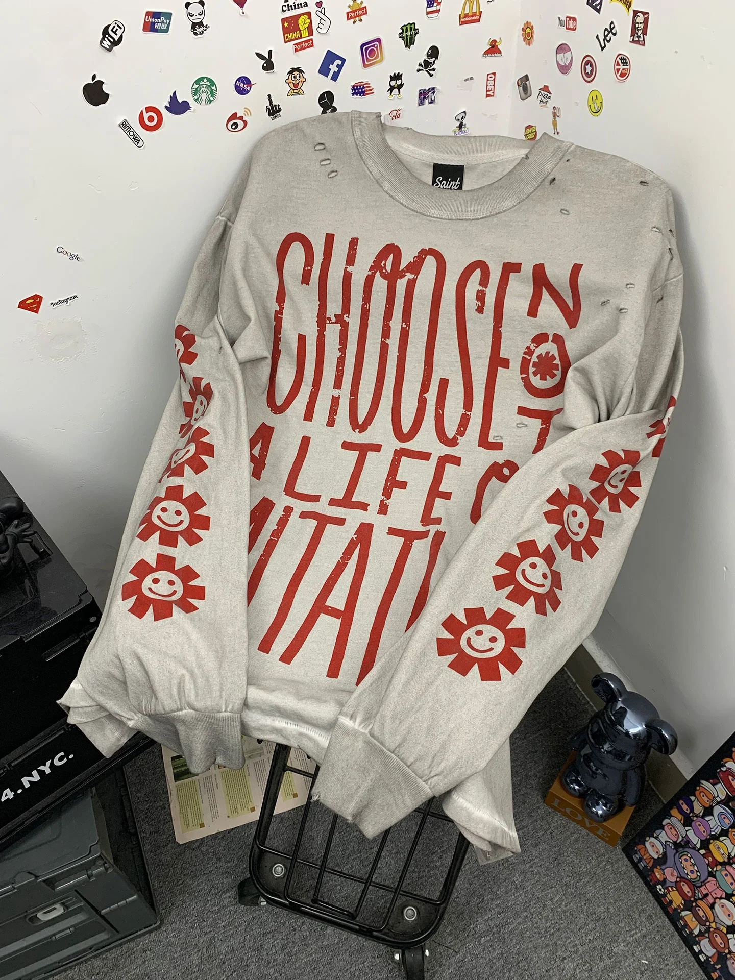 Street Style Washed Vintage Long Sleeve T-Shirt Men's Loose Fit Cotton Printed Breathable Casual round Neck Tee for Couples