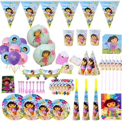 Decoración de fiesta de cumpleaños de niña Dora de dibujos animados, plato de globo de aluminio desechable, taza, bandera, suministros de fiesta de Baby Shower, máscara de regalo para niños