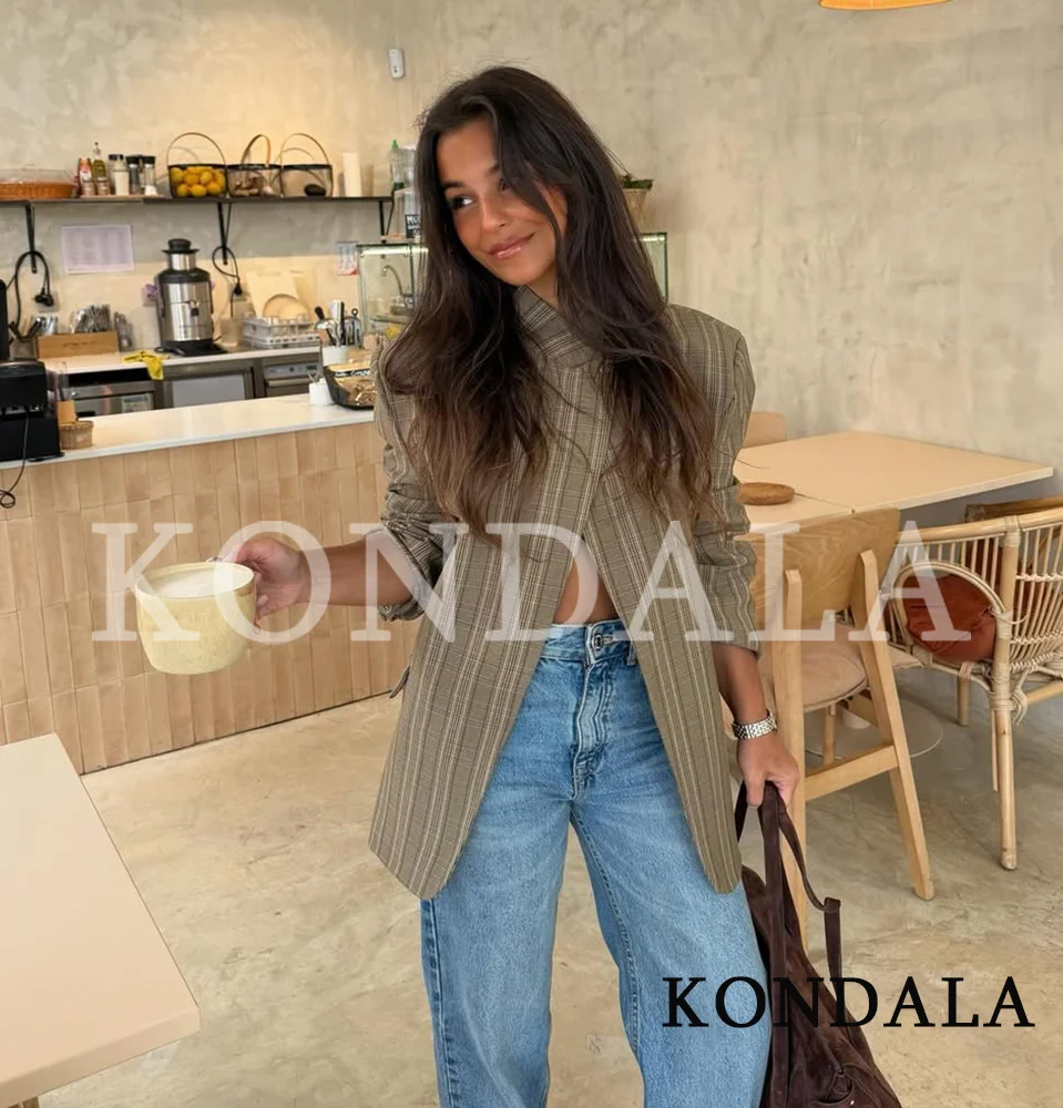 KONDALA Vintage Chic Plaid Blazer Women 2026 Spring Trends Hacking Blazer Elegant Commute High Street Lady Single Buckle Blazer