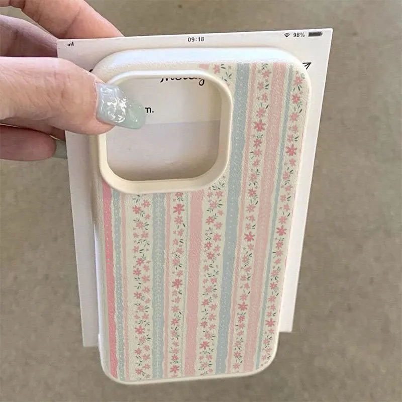 Чехол для телефона в розовую и синюю полоску с цветочным узором для iPhone 16, 15, 14, 13, 12 Pro Max