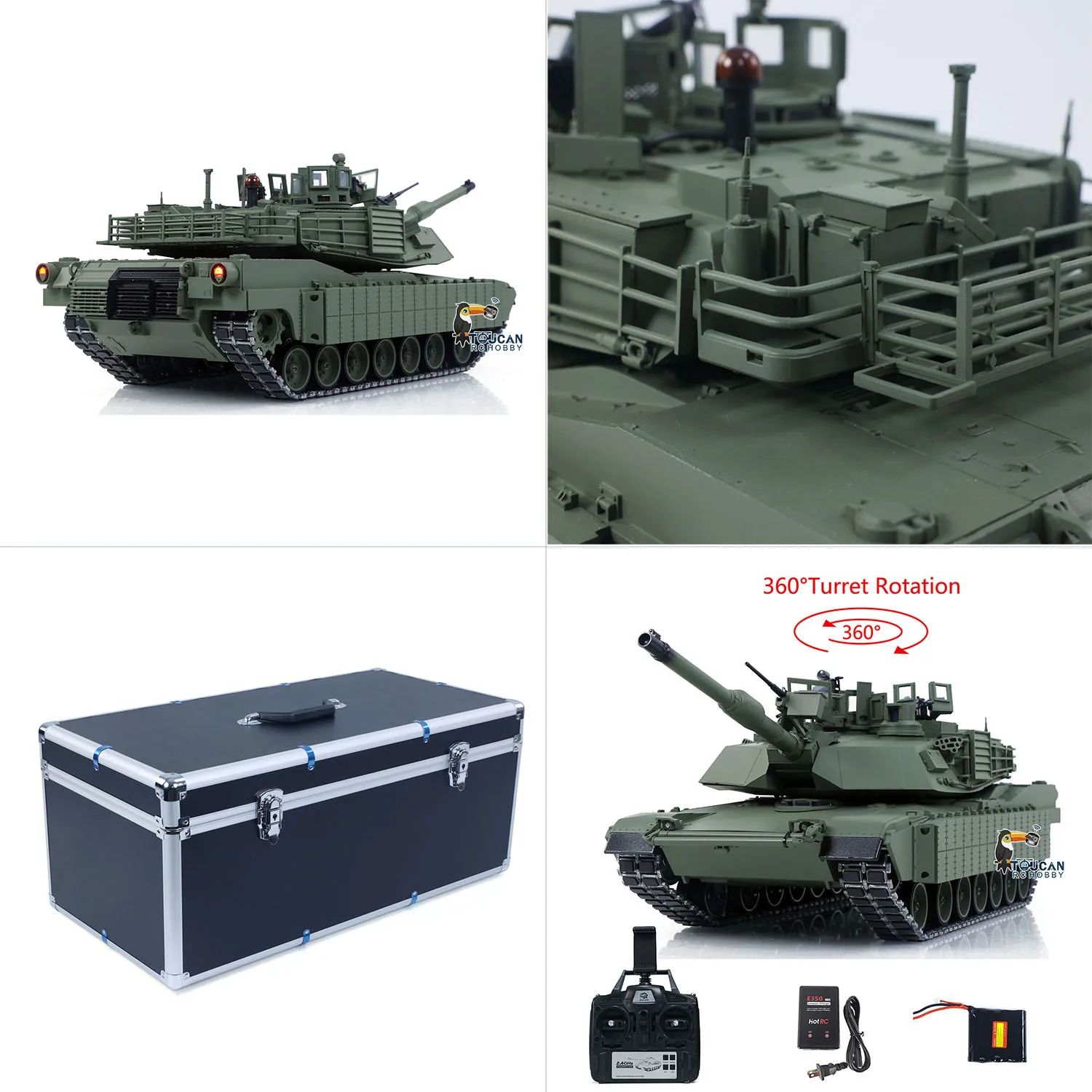 

RC Tank TUSK I TOUCAN 1:16 Metal M1A2 Abrams 360 Turret Rotation IR Barrel Elevation Recoil Dual Smoke Units Electric Periscope