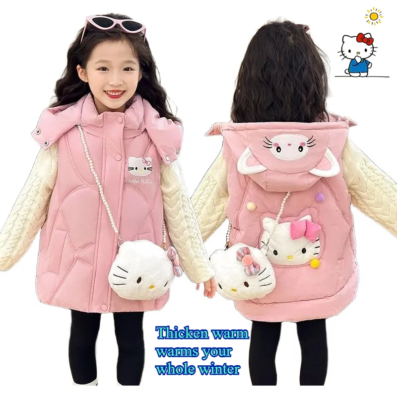 

Sanrio Hello Kitty, милый жилет для девочек с героями мультфильмов, креативный кавайный утепленный теплый хлопковый топ для девочек на осень и зиму, куртка в подарок