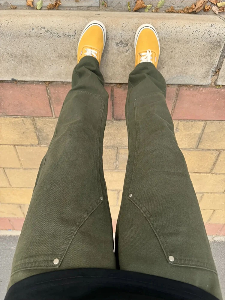 

Military een Double Knee Logging Work Pants Men Straight Leg Slim Fit American High Street Vibe Jeans High Waist Autumn