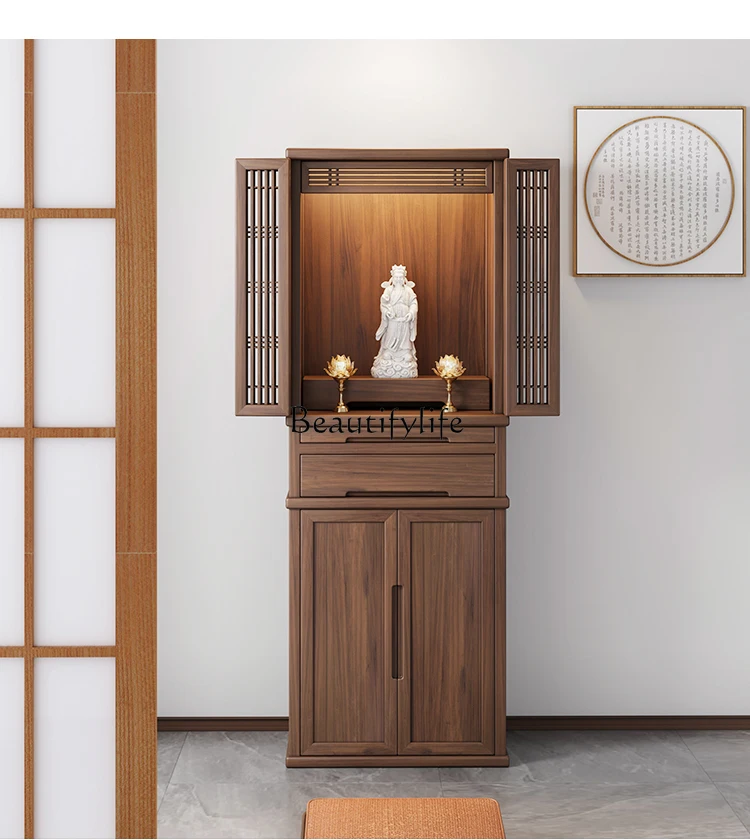 

New Chinese black walnut shrine for home use, simple with door, God of Wealth Guan Gong Buddhist platform