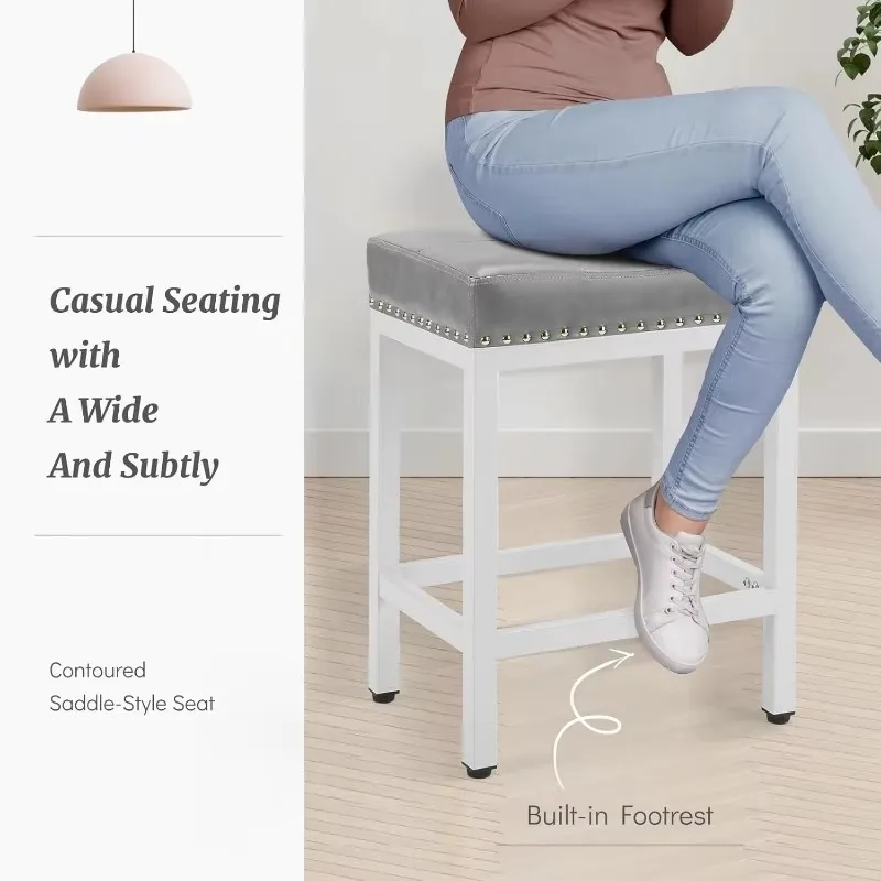 Bar Stools Set of 2, 24 Inch Counter Height Bar Stools, Upholstered Modern Kitchen Barstools with Metal Base,