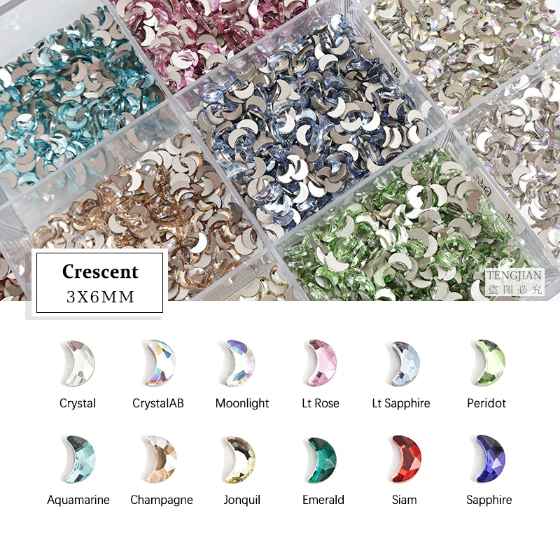 Hot sale Crescent 3x6mm Nail Art Rhinestones 12 colors Fancy Crystal stones 30/100Pcs For 3D Nail art decoration