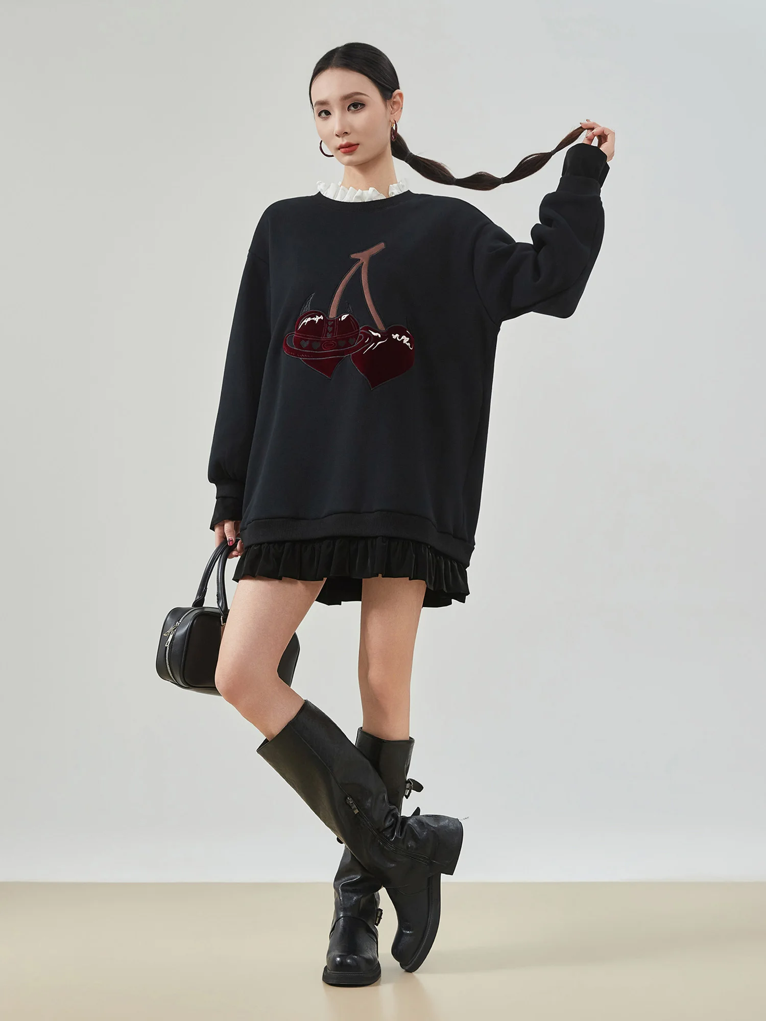 

Bla Cherry Embroidery round Ne Sweatirt Dr Women's Casual Loose Spring New Sle Comfortable H-Line Dr