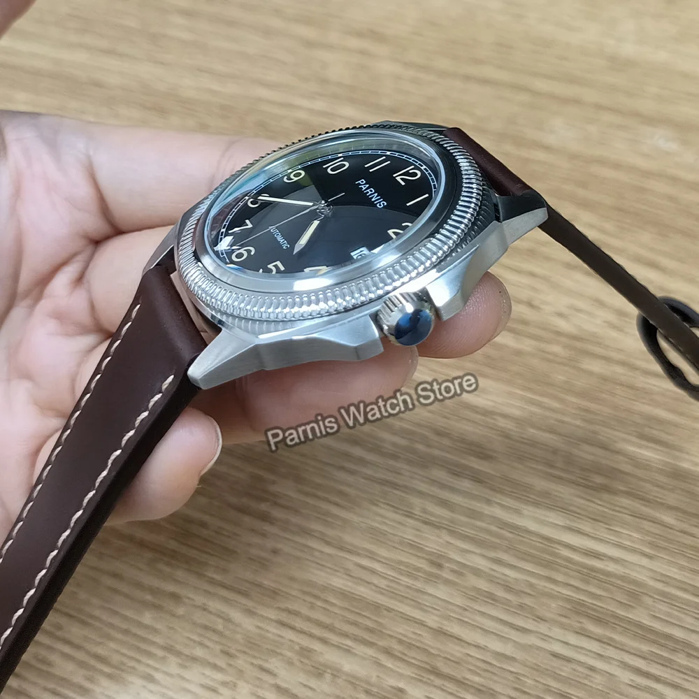 Parnis 41mm cristallo di zaffiro quadrante nero cinturino in pelle NH35 NH34 orologio meccanico automatico da uomo orologio da polso impermeabile da uomo