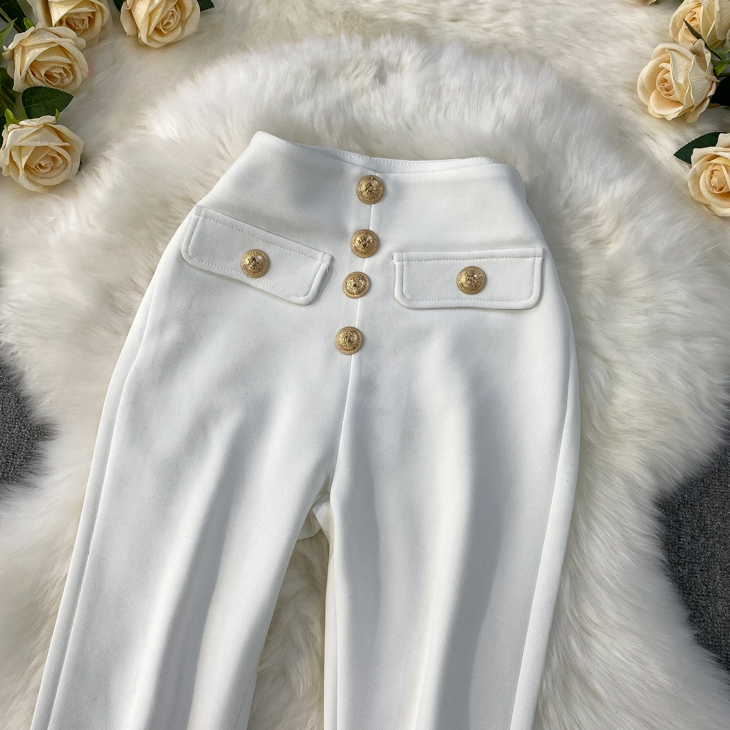 White Micro-pull Pants Women's Spring and Summer New High-waisted Metal Button Slim-fitting Mopping Trousers Drape Suit Pants