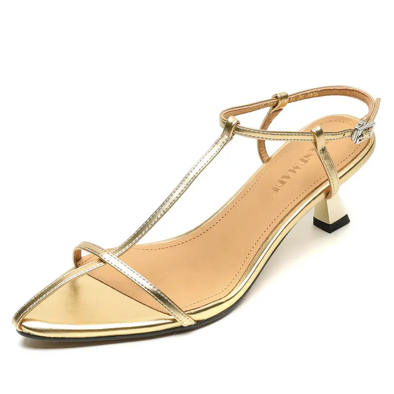 

2025 New Pointed Toe Women Genuine Leather Sandals Mid Heel Comfortable Summer Gold Strappy Stiletto Fashion Heels