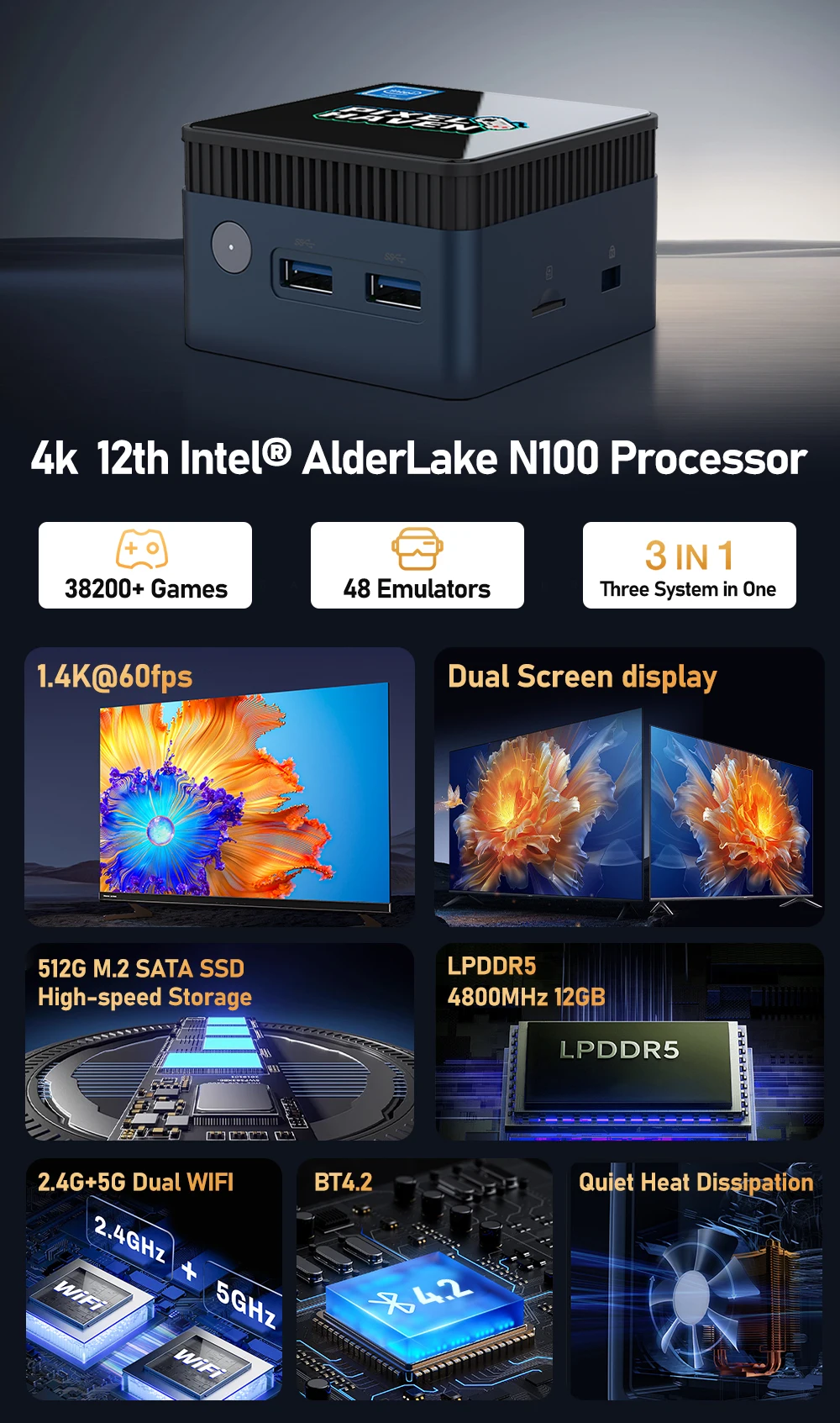 JMachen Intel N100 MINI PC Box 12G LPDDR5 +512G SSD WIN 11 Pro Video Game Console with 38252 Games for PS3/PS2/PS1/PSP/Wii/WIIU