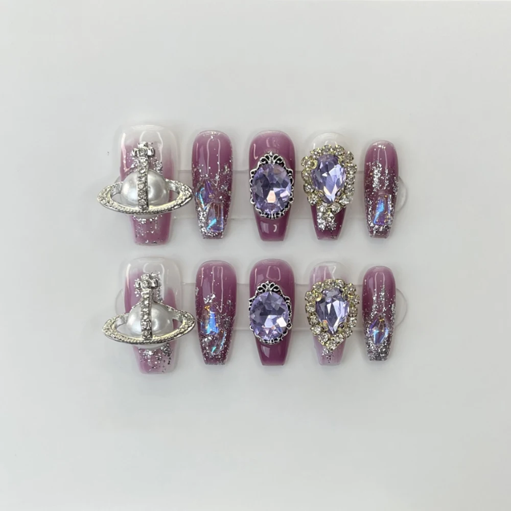 

Big Planet Diamonds Japanese Style Purple Handmade Press On Nails Hand-painted Decoration Manicure Wearable Artificial Nail Tips