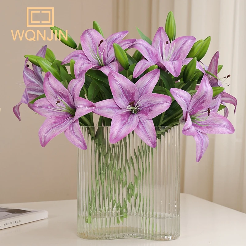 High End Lily Simulation Flower Soft PVC 3 Head Bouquet Home Decoration Flower Artificial Flower Wedding Lily Hand-held Flower