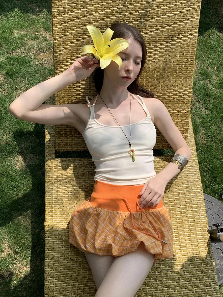 REDDACHiC Star Racerback Top Bubble Rok Vrouwen Set Y2k Gebreid Hemdje Elastische Taille Voering Mini Geruite Rok Zomer Dagelijkse Slijtage