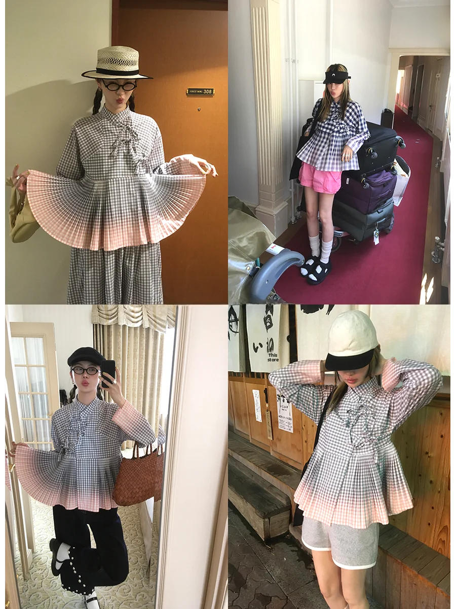 ชุดเซ็ตเสื้อและกระโปรงลายสก็อต MONA New Chinese Sle Faion Design สำหรับผู้หญิง ฤดูใบไม้ผลิ 2025 ชุดสองชิ้น ผลิตจากโพลีเอสเตอร์...