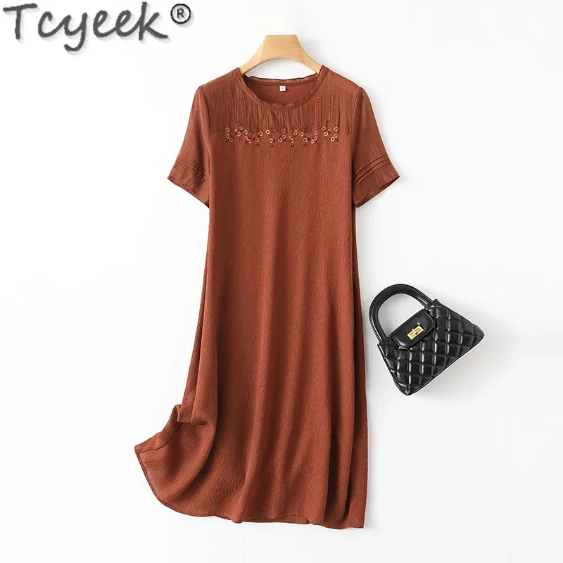 Women's Tcyeek 92% Mulberry Silk es Spring Summer Midi 2024 Embroidery Elegant Dresses for Women Clothes New