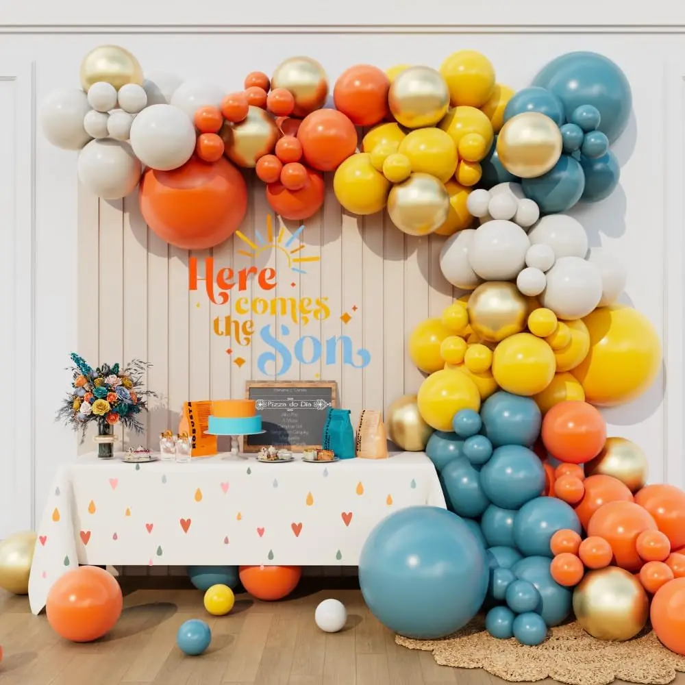 Kit de Arco de Globos Azul, Amarillo y Naranja "Aquí Viene el Hijo" para Baby Shower, Primer Viaje al Sol, Decoraciones para Fiesta de Cumpleaños