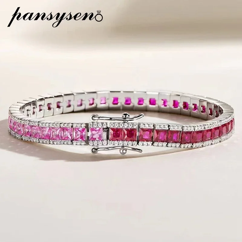 

PANSYSEN Vintage 100% 925 Sterling Silver Sparkling Ruby High Carbon Diamond Gemstone Bracelets for Women Fine Jewelry Wholesale