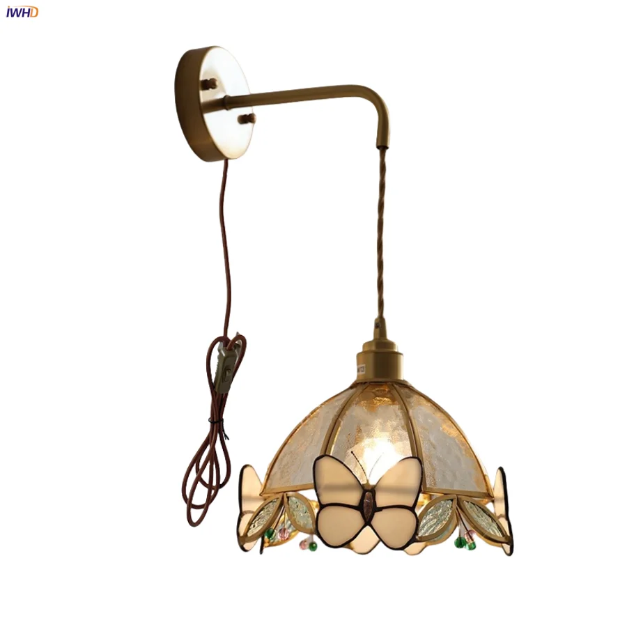 

IWHD Tiffany Style LED Wall Lights Dining Room Stair Bedroom Nordic Modern Plug In Butterfly Clear Glass Bedside Lamp Lamparas
