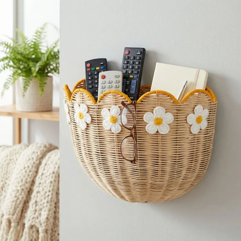 Hanging Up Wall Storage Basket Hand Woven Rattan Storage Baskets Multifunction Decorative Flower Basket Kitchen Organizing Boxes