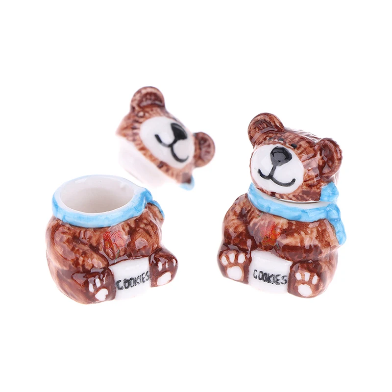 1/2Pcs 1:12 Dollhouse Miniature Cute Ceramic Cookie Jar Candy Jar Mini Animal Kingdom Bear Vase Ceramics Sugar Box Model Toys